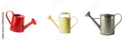 Foto Set of vintage and modern garden watering cans isolated on white background,