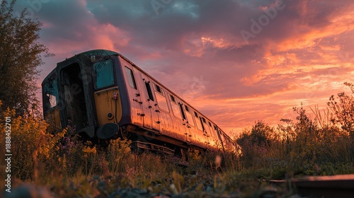 derailed. A derailed train carriage on its side on an abandoned overgrown railway. mobility guides, transit brochures, designed for mobility and urban transit guides, used by marketplace managers.