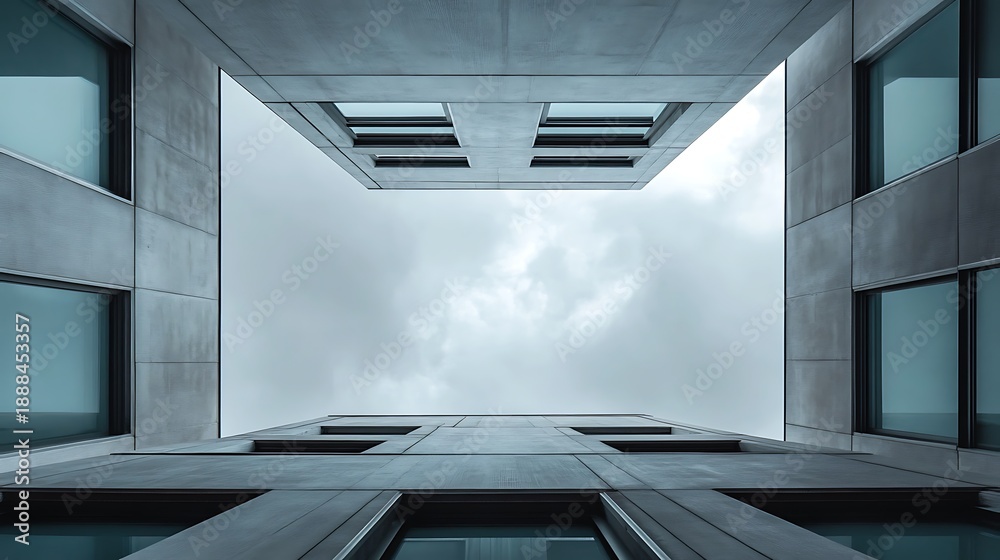 Obraz premium Modern architectural structure viewed from below against cloudy sky