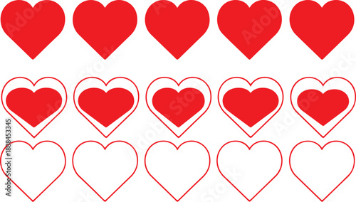 Fifteen red hearts in three rows on white background symbol
