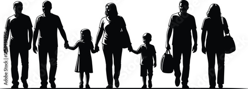 Walking family and companions silhouette icon set, vector illustration, editable design, isolated group movement symbols