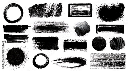 Assortment of Black Grunge Brush Strokes and Circles