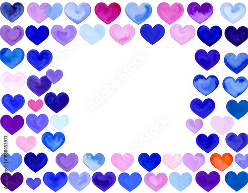 A frame composed of watercolor-style hearts in various shades of blue, purple, pink, and red, surrounding a black rectangle