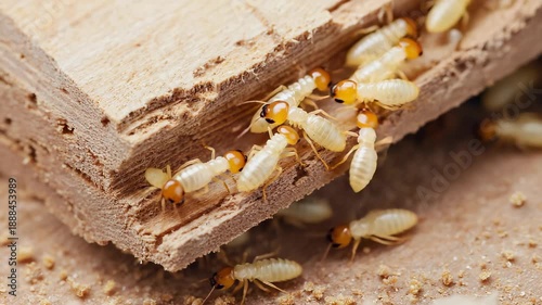 Worker termites engage in biting wood fibers. Chips fall as they carve fresh channels inside a wooden beam. The layers show different textures and signs of moisture