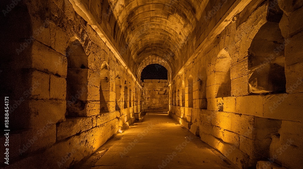 Fototapeta premium catacomb. An ancient stone tunnel with an arched ceiling and carved wall niches. real-estate listings, architecture portfolios, designed for real-estate listing and luxury residence showcases.