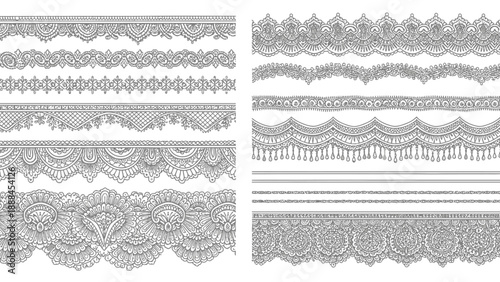 Collection of ornate black and white lace borders and decorative patterns