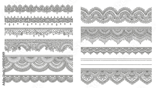Collection of ornate black lace borders and decorative patterns on white background