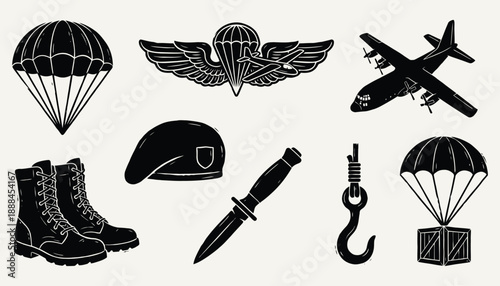 Black and White Paratrooper Vector Collection Combat Gear and Transport Elements