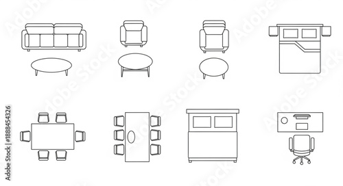 Top view furniture icons for interior design planning.