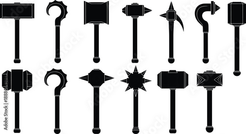 Medieval War Hammer and Fantasy Weapon Silhouette Set Featuring Battle Maces Morning Stars and Ancient Crushing Tools for Game Design Assets