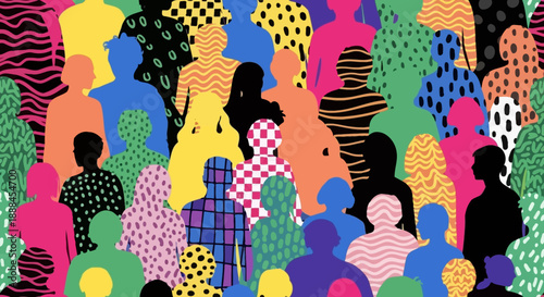 Diverse Crowd of Abstract Figures with Bold Patterns and Vibrant Colors