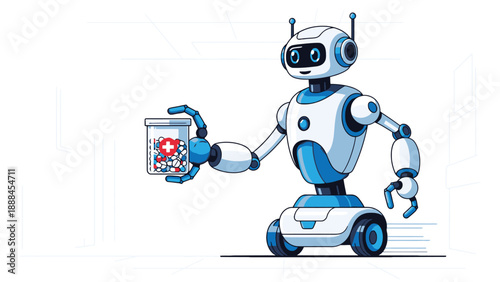 Friendly medical service robot holding emergency kit illustration for healthcare robotics patient engagement and service design