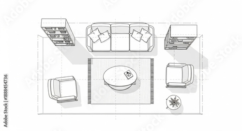 Top view floor plan of a modern living room furniture arrangement.