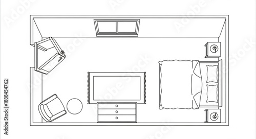 Top view floor plan of a modern bedroom layout.