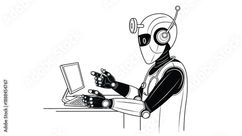 Ai assistant robot working on laptop illustration for digital transformation automation and business process outsourcing