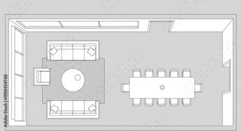 Top view floor plan of a modern living and dining room layout.