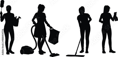 Professional Cleaning Service Silhouettes Set Featuring Women Housekeepers Vacuuming Mopping Dusting and Spraying for Home Maintenance Hygiene Commercial Janitorial and Domestic Maid Concepts