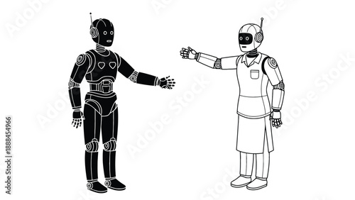 Robot and healthcare professional interaction icon for human–robot collaboration, medical training and clinical automation vector illustration