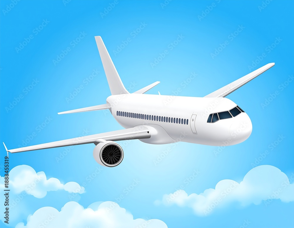 Obraz premium A white airplane flying in a blue sky with clouds (1)