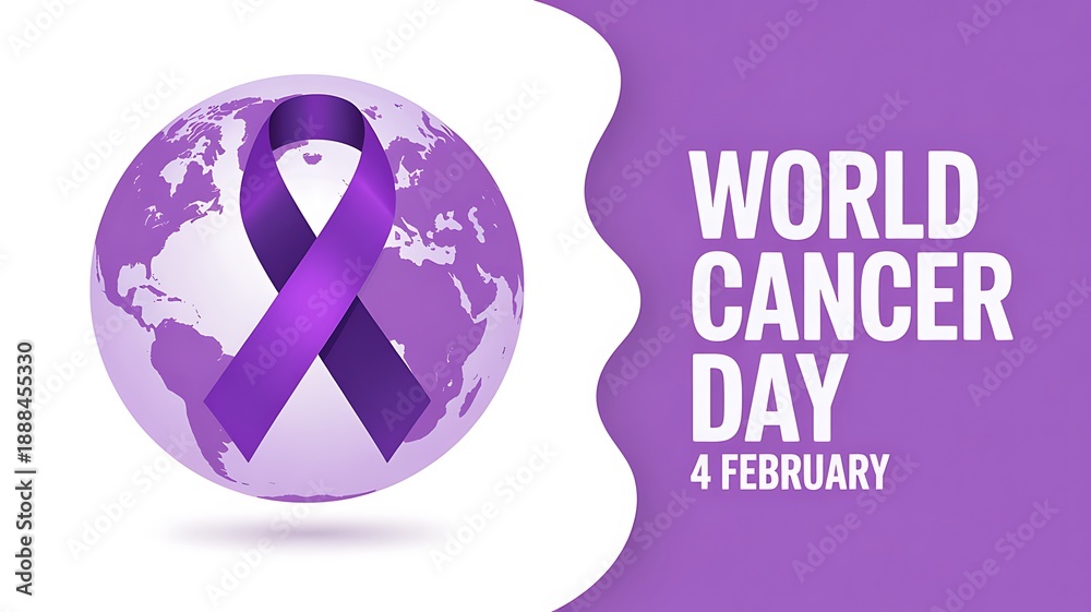 Fototapeta premium World cancer day concept purple ribbon on earth sign international to help support and medical care on February 4 design element for healthcare