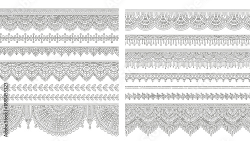 Collection of ornate black and white lace borders and decorative design elements