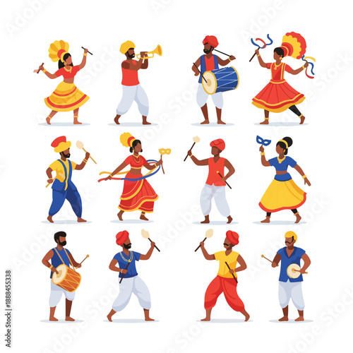 Flat vector illustration of people celebrating a Goa carnival with colorful costumes and musical instruments in a modern, corporate-friendly design.