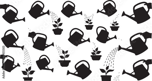 Black and white watering can plant icons seamless pattern