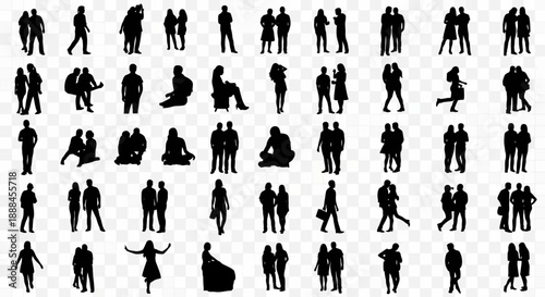 Collection of Diverse Human Silhouettes, People Poses and Activities on Transparent Background