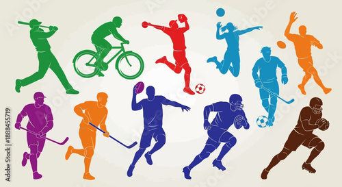 Diverse Group of Athletes Engaged in Various Sports Activities, Dynamic Vector Illustrations
