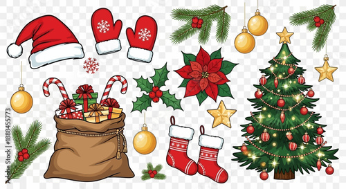 Festive Christmas Elements Collection: Santa Hat, Mittens, Tree, Stockings, Gifts, and Ornaments