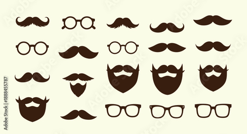 Collection of Vintage Mustaches, Beards, and Glasses Icons for Style and Fashion