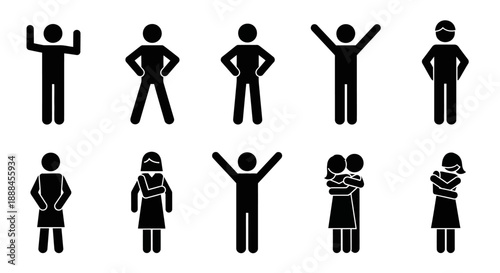 Diverse Stick Figure Poses Vector Icon Set: Celebrating Human Emotions and Activities