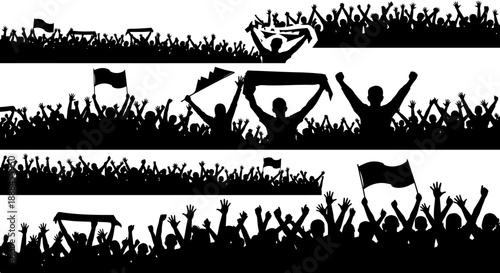 Silhouettes of Cheering Crowd with Flags and Scarves - Event Celebration