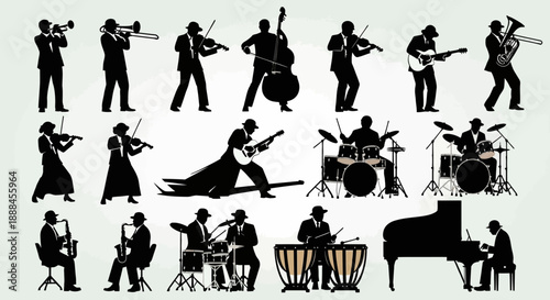 Diverse Group of Musicians Silhouettes Performing Various Instruments