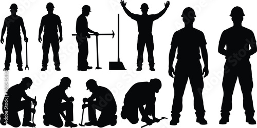 Set of ten construction worker silhouettes including diverse standing and kneeling poses with industrial equipment for building site and architectural projects
