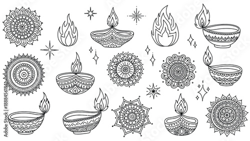 Hand drawn Diwali diyas and mandalas with stars and flames.