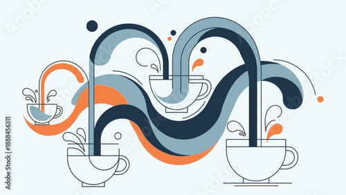 Modern coffee cups illustration with flowing lines and vibrant colors