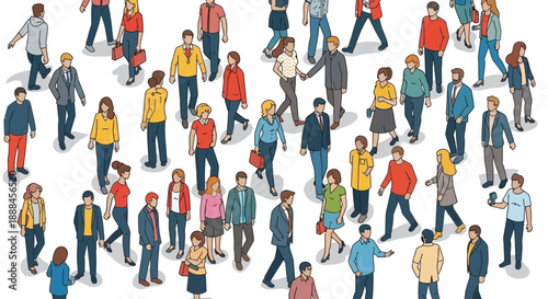 Diverse Crowd of People Walking Together in a City Street, Isometric View