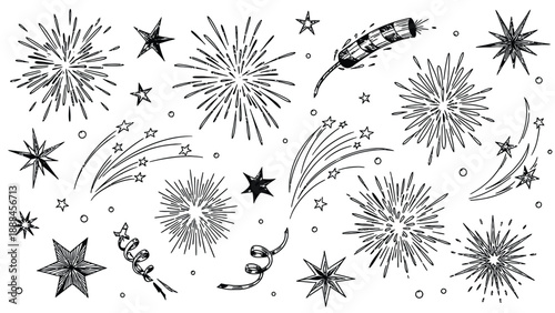 Black and white fireworks and stars illustration collection.
