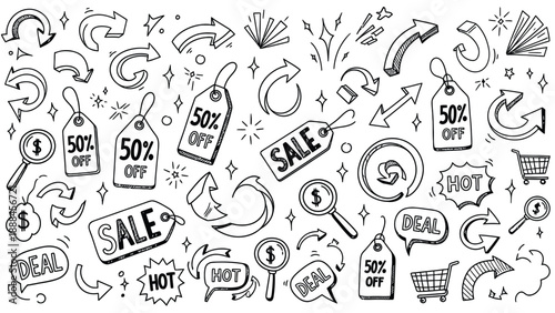 Hand drawn sale and discount doodle elements collection.