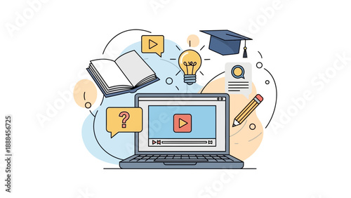 Modern laptop with video content and educational symbols