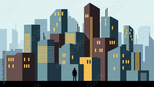 Modern cityscape with silhouette of a person standing in front of buildings