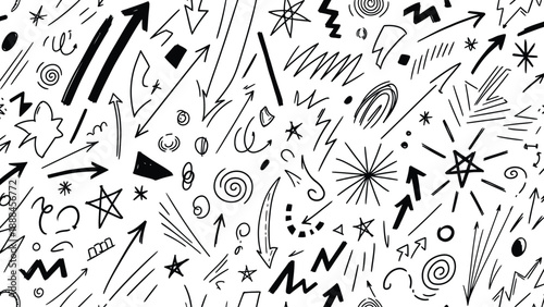Black and white doodle pattern with various shapes and symbols.