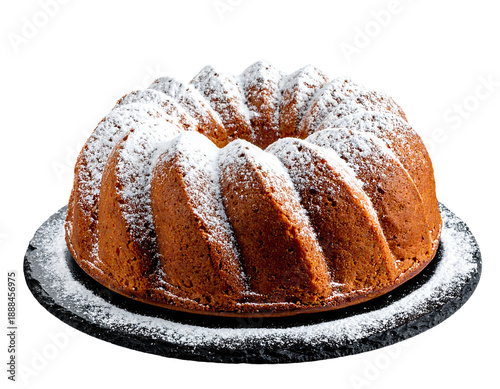 A freshly baked, ring-shaped dessert covered with powdered sugar, sitting on a dark, rustic plate against a black backdrop