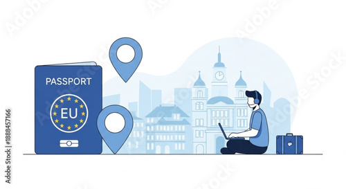 Location Independent Work in Europe Flat Vector Illustration with Laptop and Famous European Architecture