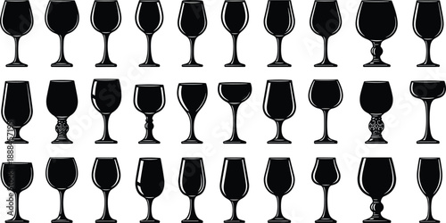 Vector Set of Elegant Wine Glass Silhouettes Featuring Various Stemware Designs Including Red White Wine Goblets Champagne Flutes and Decorative Glassware for Dining EventsVector Set of Elegant Wine
