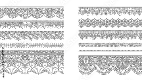 Intricate black and white lace borders and decorative elements arranged in rows