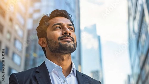 Confident young businessman looking up towards the sky in the city.