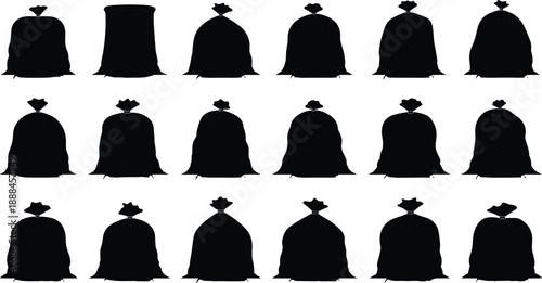 Vector Set of Sack and Flour Bag Silhouettes Featuring Various Tied and Open Shapes for Agriculture Food Storage and Logistics Design