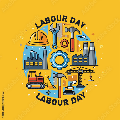 Labour Day graphic with tools and industrial icons